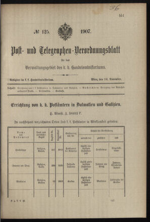 Post- und Telegraphen-Verordnungsblatt für das Verwaltungsgebiet des K.-K. Handelsministeriums 19071116 Seite: 1