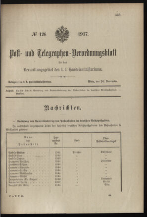 Post- und Telegraphen-Verordnungsblatt für das Verwaltungsgebiet des K.-K. Handelsministeriums 19071120 Seite: 1