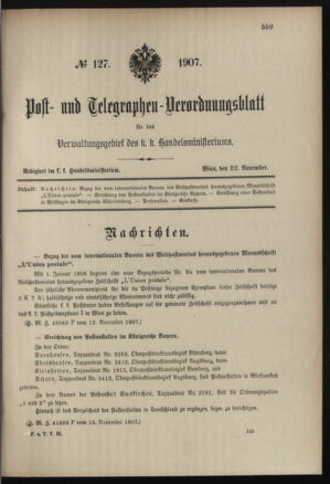 Post- und Telegraphen-Verordnungsblatt für das Verwaltungsgebiet des K.-K. Handelsministeriums 19071122 Seite: 1