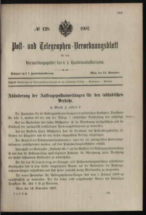 Post- und Telegraphen-Verordnungsblatt für das Verwaltungsgebiet des K.-K. Handelsministeriums 19071123 Seite: 1