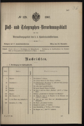 Post- und Telegraphen-Verordnungsblatt für das Verwaltungsgebiet des K.-K. Handelsministeriums 19071126 Seite: 1