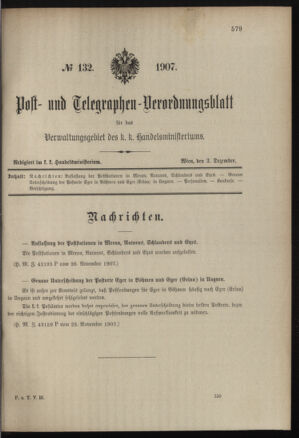 Post- und Telegraphen-Verordnungsblatt für das Verwaltungsgebiet des K.-K. Handelsministeriums 19071203 Seite: 1