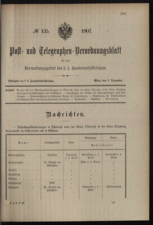 Post- und Telegraphen-Verordnungsblatt für das Verwaltungsgebiet des K.-K. Handelsministeriums 19071209 Seite: 1