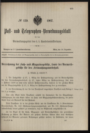 Post- und Telegraphen-Verordnungsblatt für das Verwaltungsgebiet des K.-K. Handelsministeriums 19071214 Seite: 1