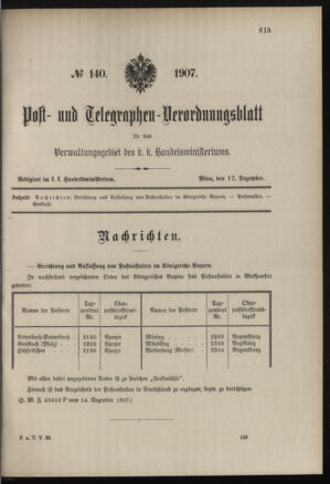 Post- und Telegraphen-Verordnungsblatt für das Verwaltungsgebiet des K.-K. Handelsministeriums 19071217 Seite: 1