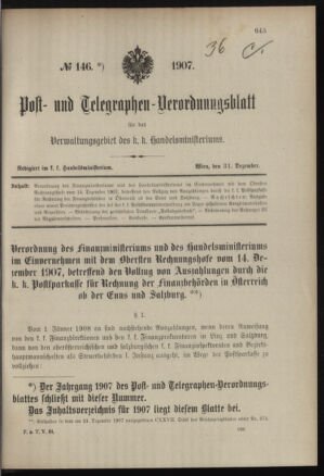 Post- und Telegraphen-Verordnungsblatt für das Verwaltungsgebiet des K.-K. Handelsministeriums 19071231 Seite: 1