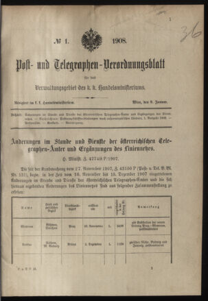 Post- und Telegraphen-Verordnungsblatt für das Verwaltungsgebiet des K.-K. Handelsministeriums 19080108 Seite: 1