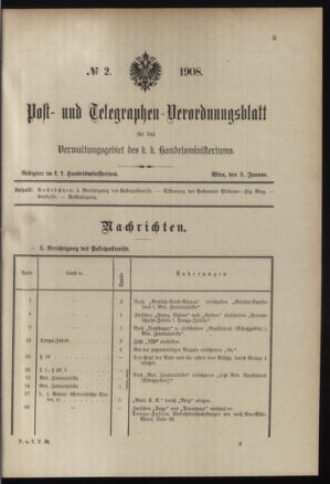 Post- und Telegraphen-Verordnungsblatt für das Verwaltungsgebiet des K.-K. Handelsministeriums 19080109 Seite: 1