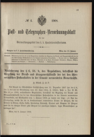 Post- und Telegraphen-Verordnungsblatt für das Verwaltungsgebiet des K.-K. Handelsministeriums 19080113 Seite: 1