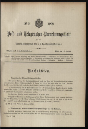 Post- und Telegraphen-Verordnungsblatt für das Verwaltungsgebiet des K.-K. Handelsministeriums 19080115 Seite: 1