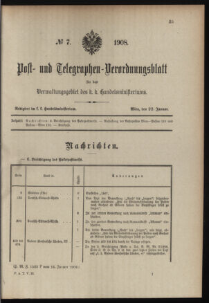 Post- und Telegraphen-Verordnungsblatt für das Verwaltungsgebiet des K.-K. Handelsministeriums 19080122 Seite: 1