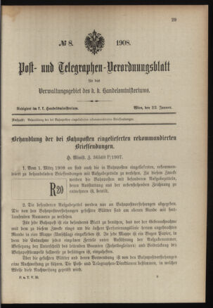 Post- und Telegraphen-Verordnungsblatt für das Verwaltungsgebiet des K.-K. Handelsministeriums 19080123 Seite: 1