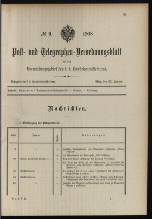 Post- und Telegraphen-Verordnungsblatt für das Verwaltungsgebiet des K.-K. Handelsministeriums 19080125 Seite: 1