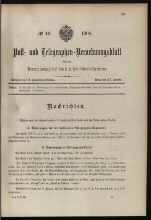 Post- und Telegraphen-Verordnungsblatt für das Verwaltungsgebiet des K.-K. Handelsministeriums 19080127 Seite: 1