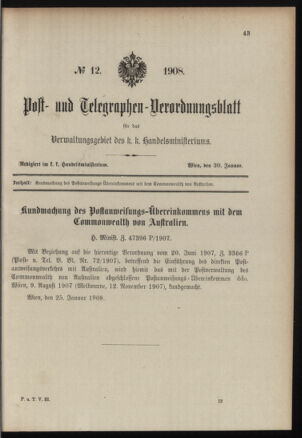 Post- und Telegraphen-Verordnungsblatt für das Verwaltungsgebiet des K.-K. Handelsministeriums 19080130 Seite: 1