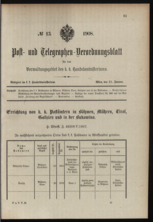 Post- und Telegraphen-Verordnungsblatt für das Verwaltungsgebiet des K.-K. Handelsministeriums 19080131 Seite: 1