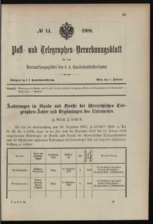 Post- und Telegraphen-Verordnungsblatt für das Verwaltungsgebiet des K.-K. Handelsministeriums 19080201 Seite: 1