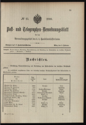 Post- und Telegraphen-Verordnungsblatt für das Verwaltungsgebiet des K.-K. Handelsministeriums 19080203 Seite: 1