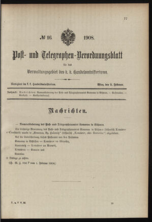 Post- und Telegraphen-Verordnungsblatt für das Verwaltungsgebiet des K.-K. Handelsministeriums 19080205 Seite: 1