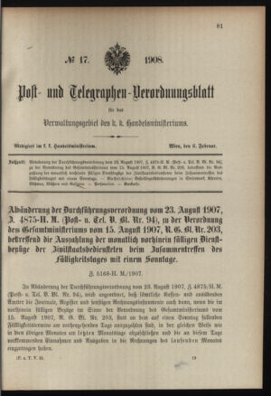 Post- und Telegraphen-Verordnungsblatt für das Verwaltungsgebiet des K.-K. Handelsministeriums 19080206 Seite: 1