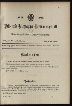 Post- und Telegraphen-Verordnungsblatt für das Verwaltungsgebiet des K.-K. Handelsministeriums 19080212 Seite: 1