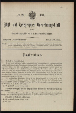 Post- und Telegraphen-Verordnungsblatt für das Verwaltungsgebiet des K.-K. Handelsministeriums 19080220 Seite: 1