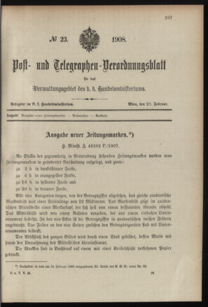 Post- und Telegraphen-Verordnungsblatt für das Verwaltungsgebiet des K.-K. Handelsministeriums 19080221 Seite: 1