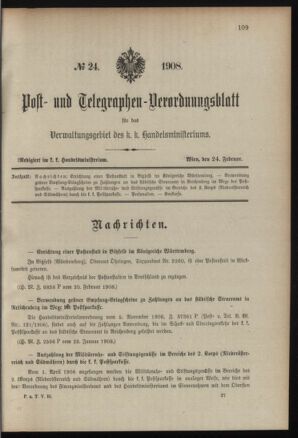 Post- und Telegraphen-Verordnungsblatt für das Verwaltungsgebiet des K.-K. Handelsministeriums 19080224 Seite: 1