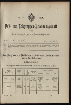 Post- und Telegraphen-Verordnungsblatt für das Verwaltungsgebiet des K.-K. Handelsministeriums 19080226 Seite: 1