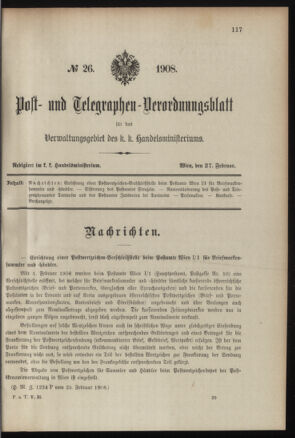 Post- und Telegraphen-Verordnungsblatt für das Verwaltungsgebiet des K.-K. Handelsministeriums 19080227 Seite: 1