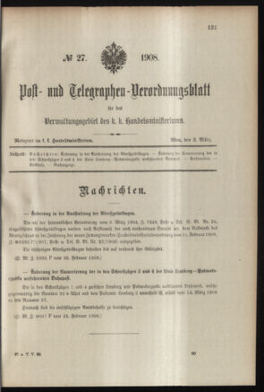 Post- und Telegraphen-Verordnungsblatt für das Verwaltungsgebiet des K.-K. Handelsministeriums 19080303 Seite: 1