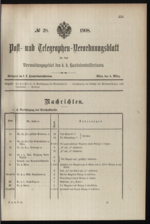 Post- und Telegraphen-Verordnungsblatt für das Verwaltungsgebiet des K.-K. Handelsministeriums 19080304 Seite: 1