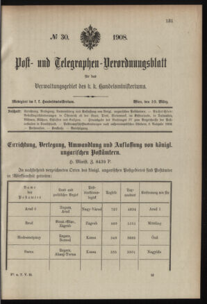 Post- und Telegraphen-Verordnungsblatt für das Verwaltungsgebiet des K.-K. Handelsministeriums 19080310 Seite: 1