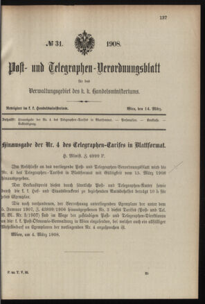 Post- und Telegraphen-Verordnungsblatt für das Verwaltungsgebiet des K.-K. Handelsministeriums 19080314 Seite: 1