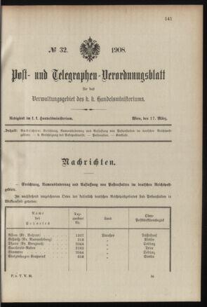 Post- und Telegraphen-Verordnungsblatt für das Verwaltungsgebiet des K.-K. Handelsministeriums 19080317 Seite: 1