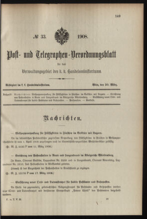 Post- und Telegraphen-Verordnungsblatt für das Verwaltungsgebiet des K.-K. Handelsministeriums 19080320 Seite: 1