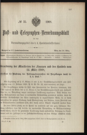 Post- und Telegraphen-Verordnungsblatt für das Verwaltungsgebiet des K.-K. Handelsministeriums 19080326 Seite: 1