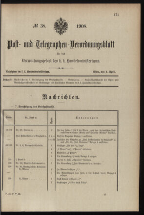 Post- und Telegraphen-Verordnungsblatt für das Verwaltungsgebiet des K.-K. Handelsministeriums 19080401 Seite: 1