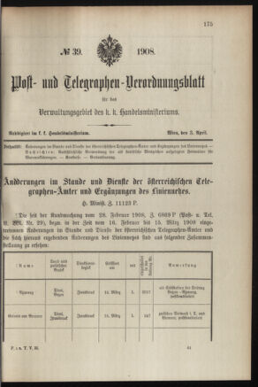 Post- und Telegraphen-Verordnungsblatt für das Verwaltungsgebiet des K.-K. Handelsministeriums 19080403 Seite: 1