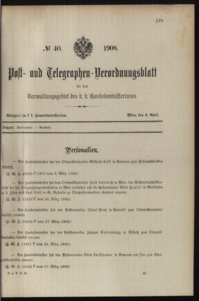 Post- und Telegraphen-Verordnungsblatt für das Verwaltungsgebiet des K.-K. Handelsministeriums 19080404 Seite: 1