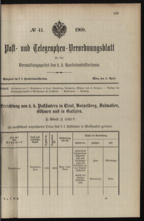 Post- und Telegraphen-Verordnungsblatt für das Verwaltungsgebiet des K.-K. Handelsministeriums 19080406 Seite: 1