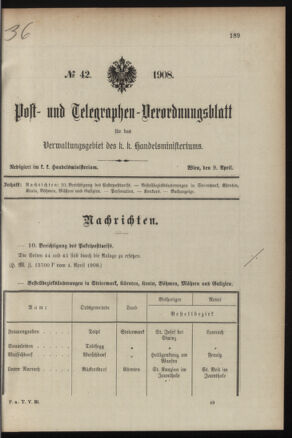 Post- und Telegraphen-Verordnungsblatt für das Verwaltungsgebiet des K.-K. Handelsministeriums 19080409 Seite: 1