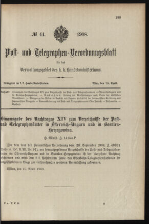 Post- und Telegraphen-Verordnungsblatt für das Verwaltungsgebiet des K.-K. Handelsministeriums 19080415 Seite: 1