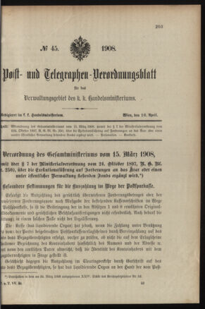 Post- und Telegraphen-Verordnungsblatt für das Verwaltungsgebiet des K.-K. Handelsministeriums 19080416 Seite: 1