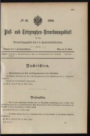 Post- und Telegraphen-Verordnungsblatt für das Verwaltungsgebiet des K.-K. Handelsministeriums 19080423 Seite: 1