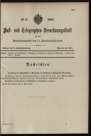 Post- und Telegraphen-Verordnungsblatt für das Verwaltungsgebiet des K.-K. Handelsministeriums 19080425 Seite: 1