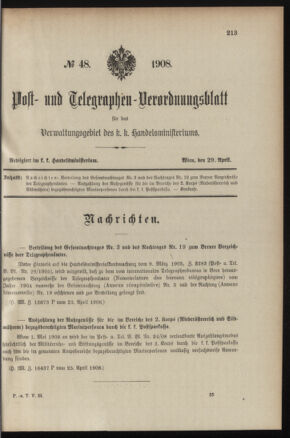 Post- und Telegraphen-Verordnungsblatt für das Verwaltungsgebiet des K.-K. Handelsministeriums 19080429 Seite: 1