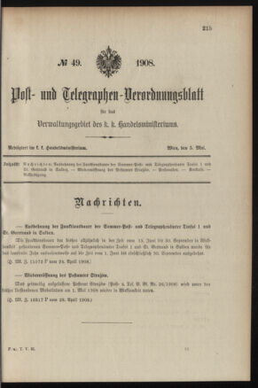 Post- und Telegraphen-Verordnungsblatt für das Verwaltungsgebiet des K.-K. Handelsministeriums 19080505 Seite: 1