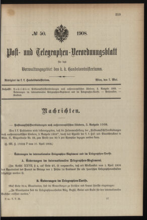 Post- und Telegraphen-Verordnungsblatt für das Verwaltungsgebiet des K.-K. Handelsministeriums 19080507 Seite: 1