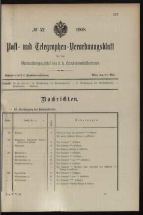 Post- und Telegraphen-Verordnungsblatt für das Verwaltungsgebiet des K.-K. Handelsministeriums 19080511 Seite: 1